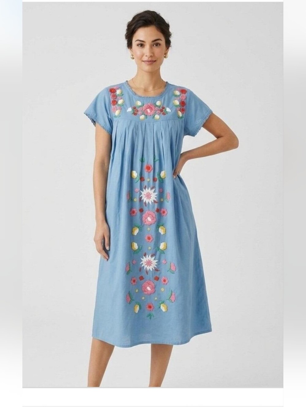 Frances Valentine Blue Embroidered Oaxaca Cotton Dress - Size XL